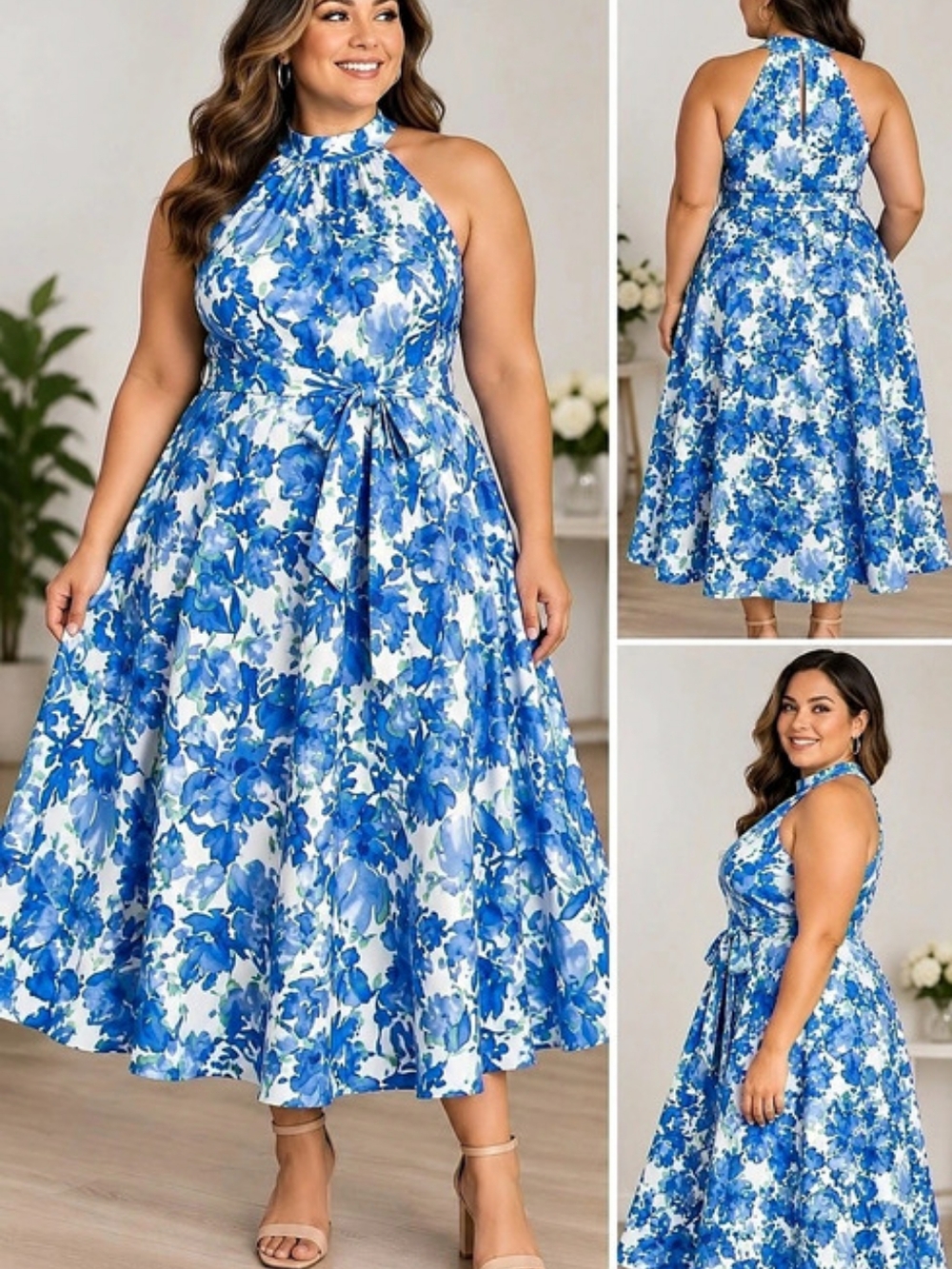 Bbonlinedress NWT Blue Floral Halter Midi Fit & Flare Dress XXL